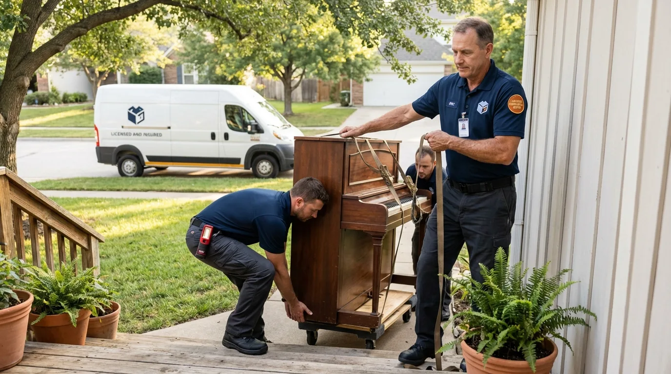 Licensed piano movers securing grand piano in Collegeville, PA