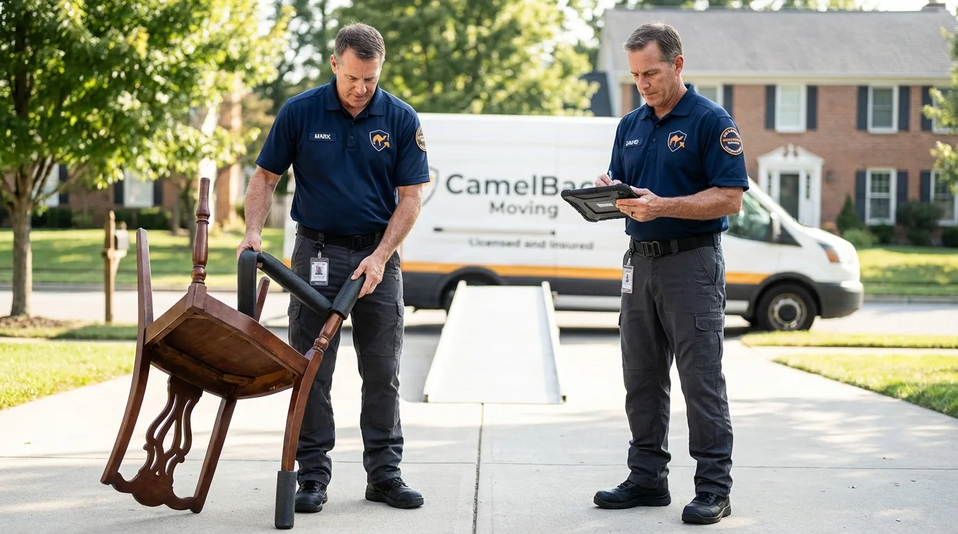 Movers inspecting furniture for damage prevention before loading in Collegeville, PA