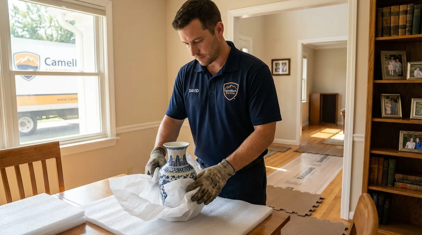 Professional crew carefully wrapping antique vase for senior downsizing move in Collegeville, PA
